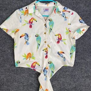Chubbies Womens Small White Tropical Bird Parrot Toucan Tie Front Cotton Shirt